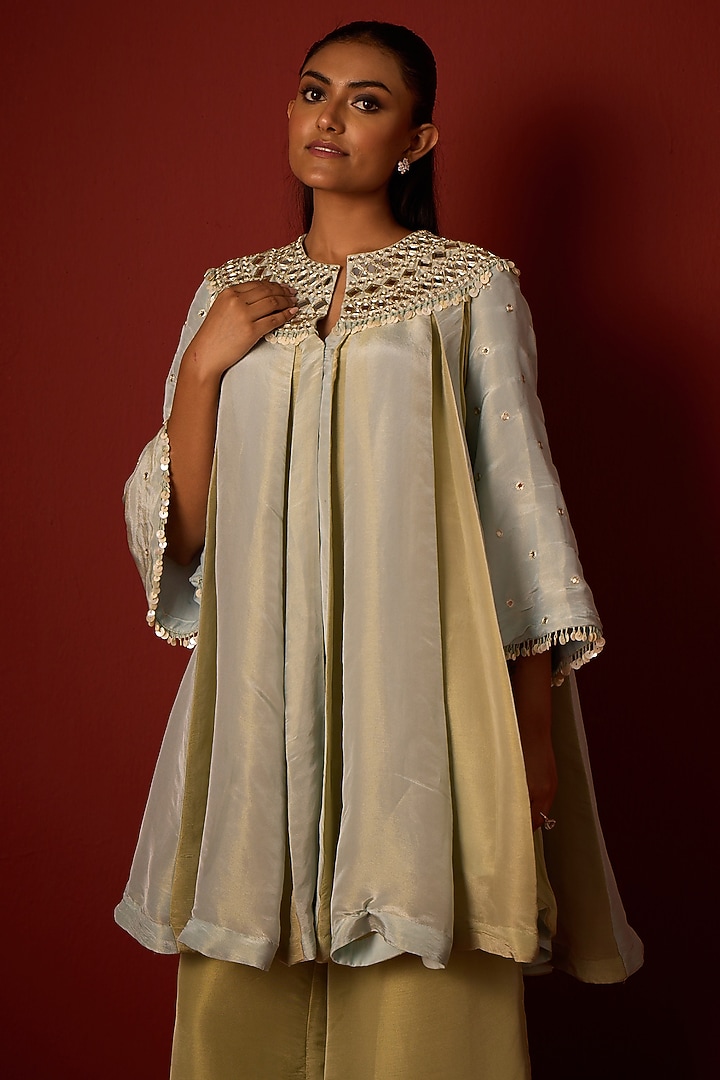 Sky Blue & Sage Green Tissue Hand Embellished Paneled Tunic by Twenty Nine at Pernia's Pop Up Shop