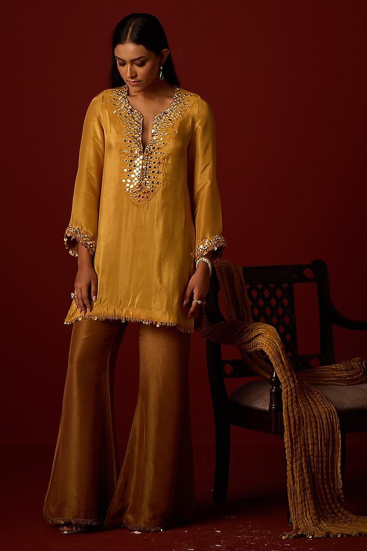 Golden Yellow Tissue Hand Embellished Tunic by Twenty Nine at Pernia's Pop Up Shop