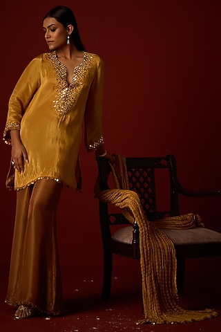 Golden Yellow Crushed Chanderi Dupatta by Twenty Nine