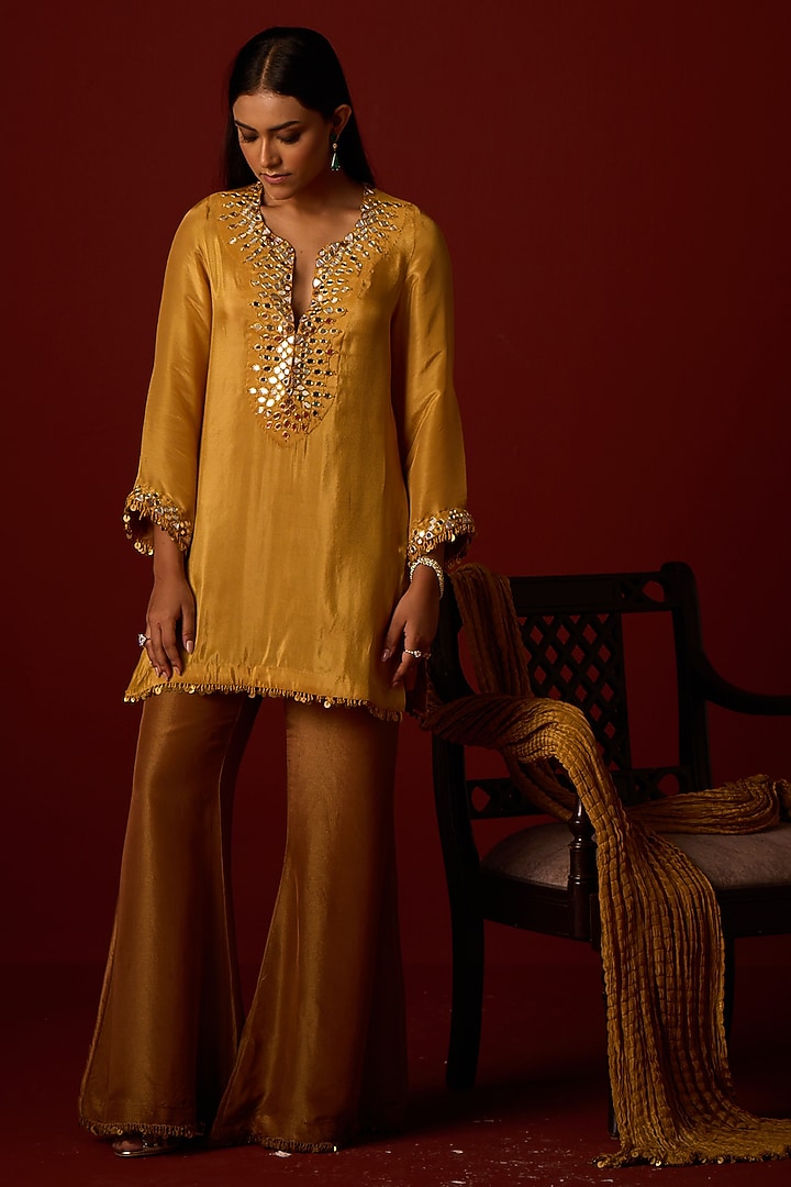 Antique Gold Tissue Bootcut Pants by Twenty Nine at Pernia's Pop Up Shop