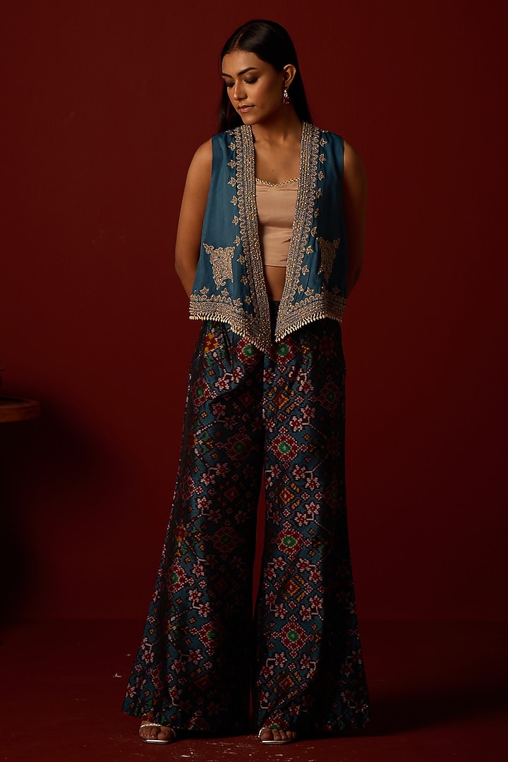 Teal Patola Beadwork Flared Palazzo Set by Twenty Nine at Pernia's Pop Up Shop