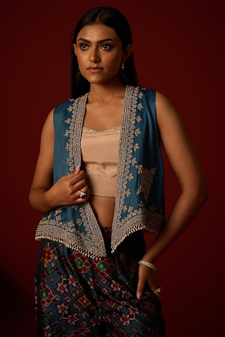 Teal Patola Beadwork Flared Palazzo Set by Twenty Nine at Pernia's Pop Up Shop