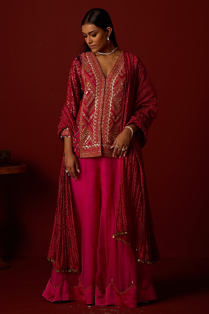 Rani Pink Organza Marodi Work Wedding Sharara Set by Twenty Nine at Pernia's Pop Up Shop