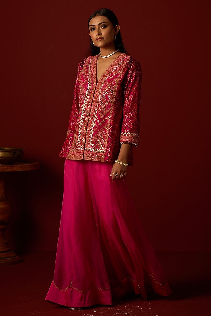 Rani Pink Organza Marodi Work Wedding Sharara Set by Twenty Nine at Pernia's Pop Up Shop