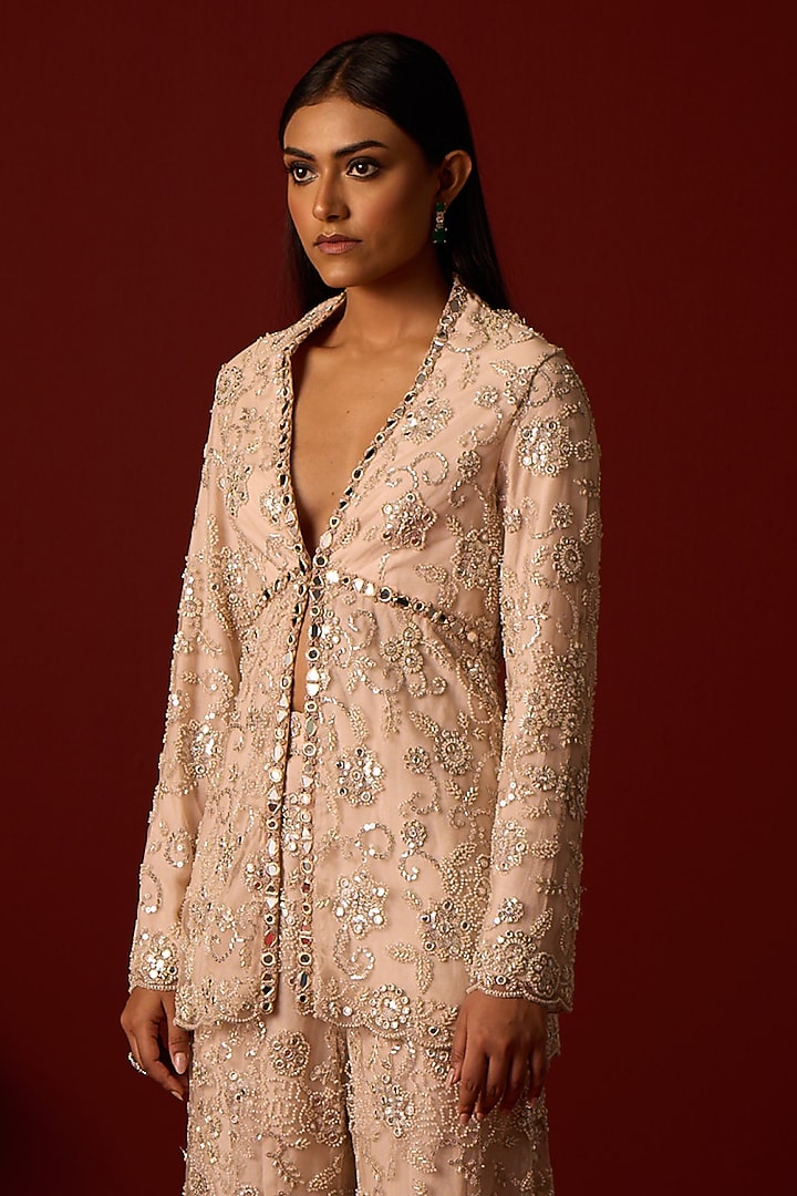 Ivory Blush Tulle Mirror Hand Embroidered Peplum Blazer by Twenty Nine at Pernia's Pop Up Shop