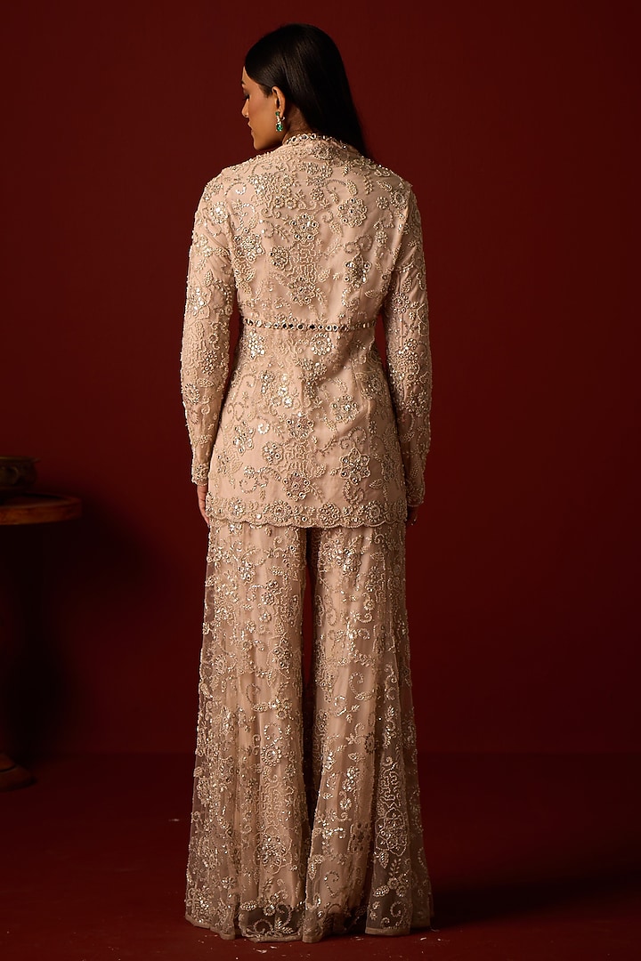 Ivory Blush Tulle Mirror Hand Embroidered Peplum Blazer by Twenty Nine at Pernia's Pop Up Shop