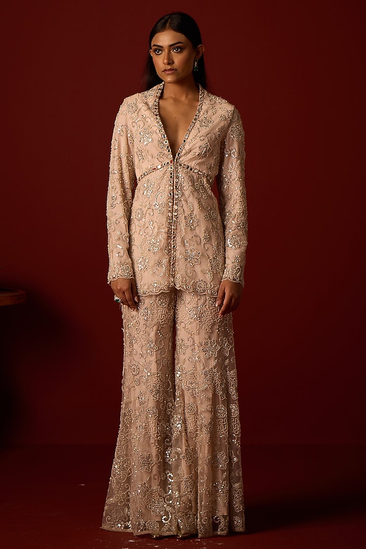 Ivory Blush Tulle Mirror Hand Embroidered Peplum Blazer by Twenty Nine at Pernia's Pop Up Shop