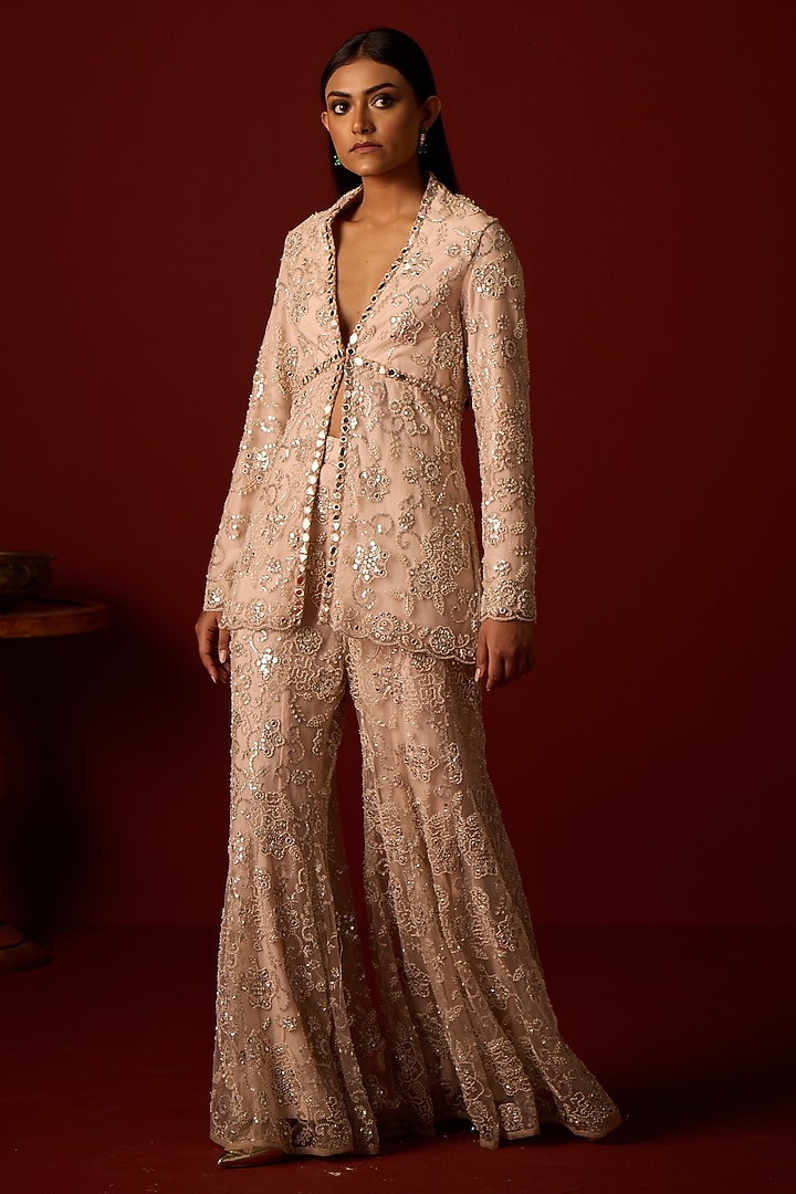 Ivory Blush Tulle Mirror Work Sharara by Twenty Nine at Pernia's Pop Up Shop