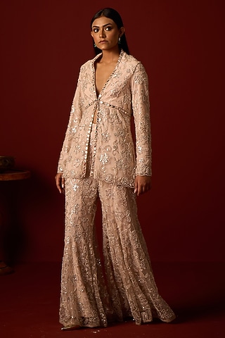 Ivory Blush Tulle Mirror Work Sharara by Twenty Nine