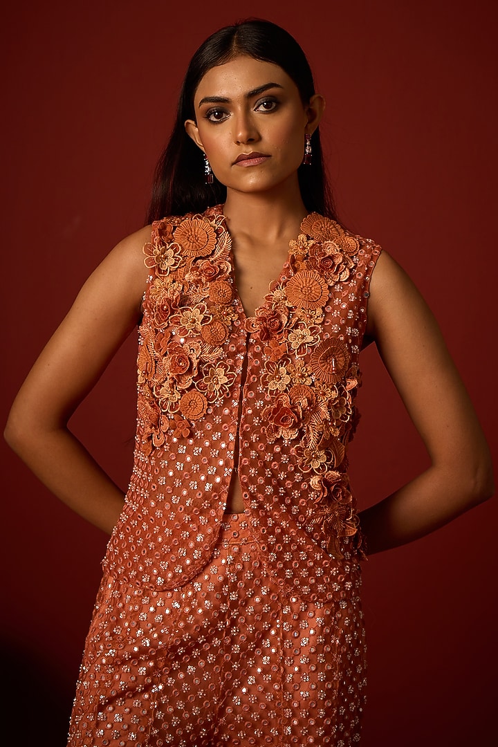 Rust Tulle Floral Work Padded Gilet by Twenty Nine at Pernia's Pop Up Shop