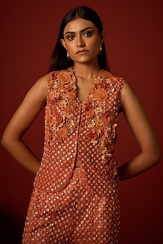 Rust Tulle Floral Work Padded Gilet by Twenty Nine