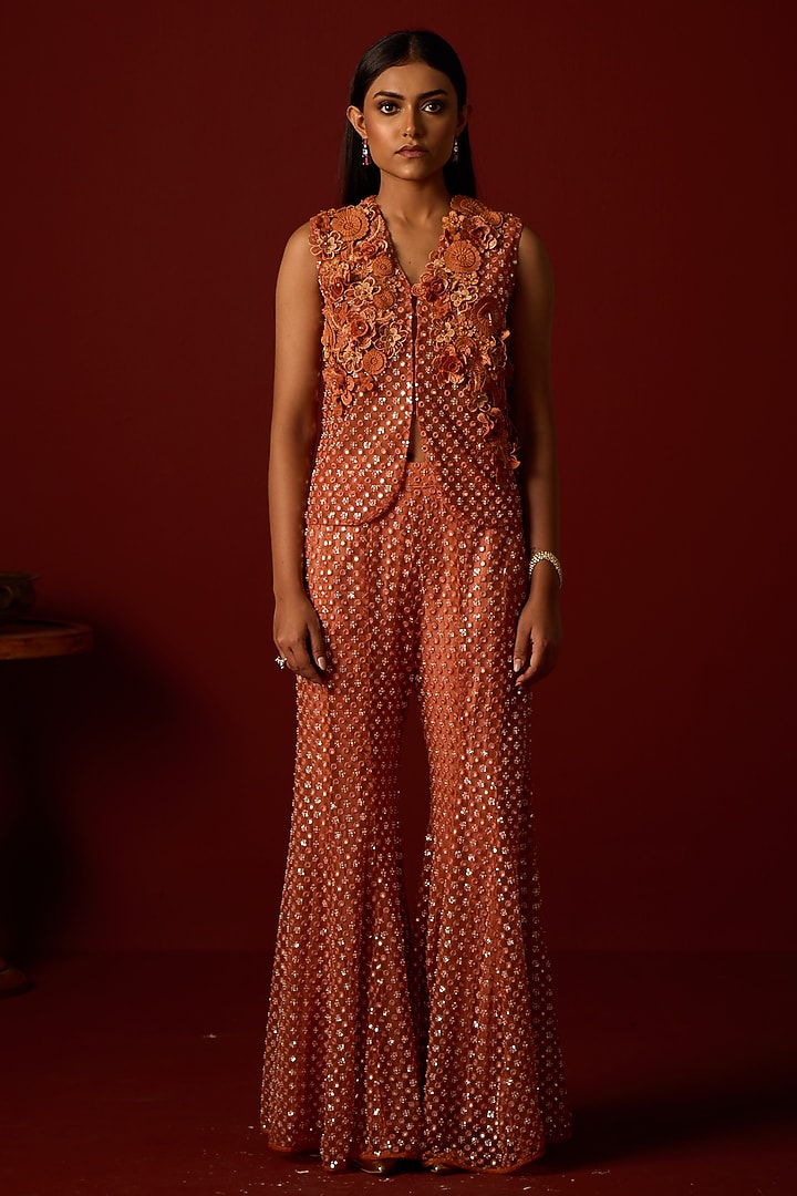 Rust Tulle Mirror Work Bootcut Pants by Twenty Nine at Pernia's Pop Up Shop