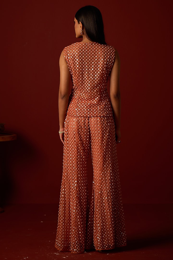 Rust Tulle Mirror Work Bootcut Pants by Twenty Nine at Pernia's Pop Up Shop