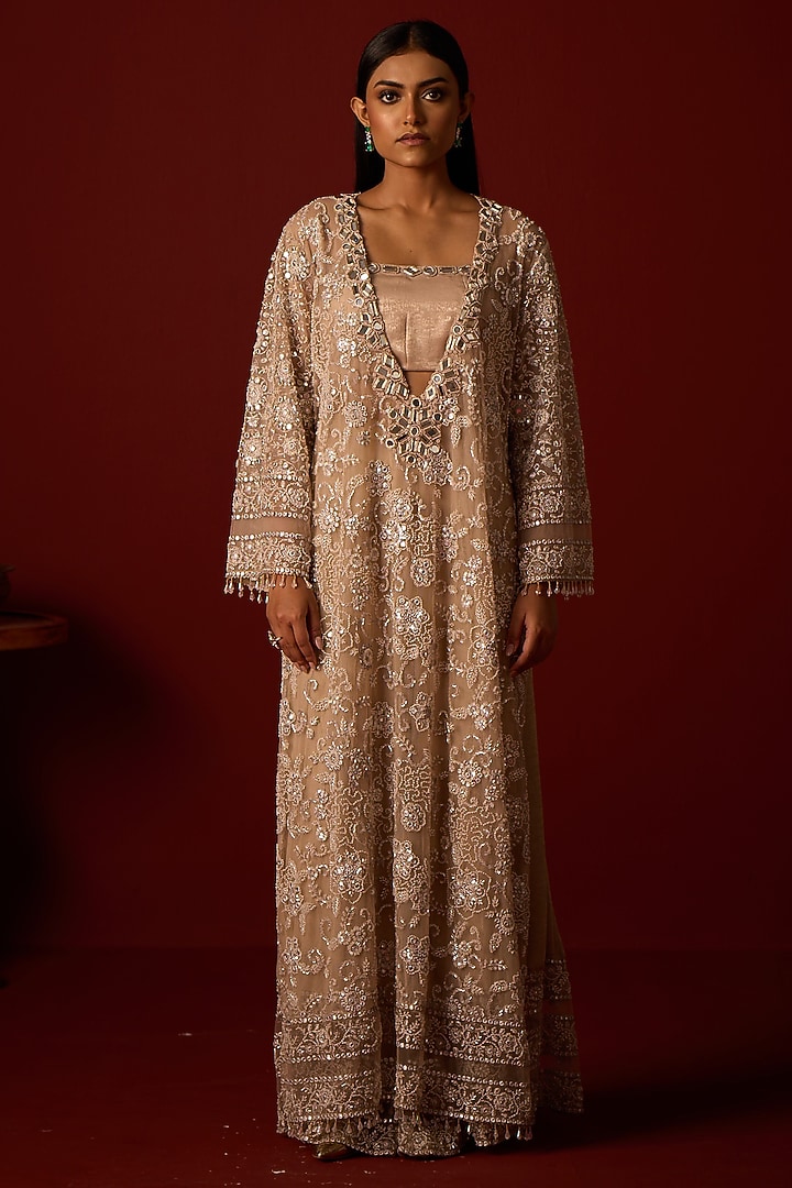 Dusky Taupe Tulle Hand Embellished Kaftan by Twenty Nine at Pernia's Pop Up Shop