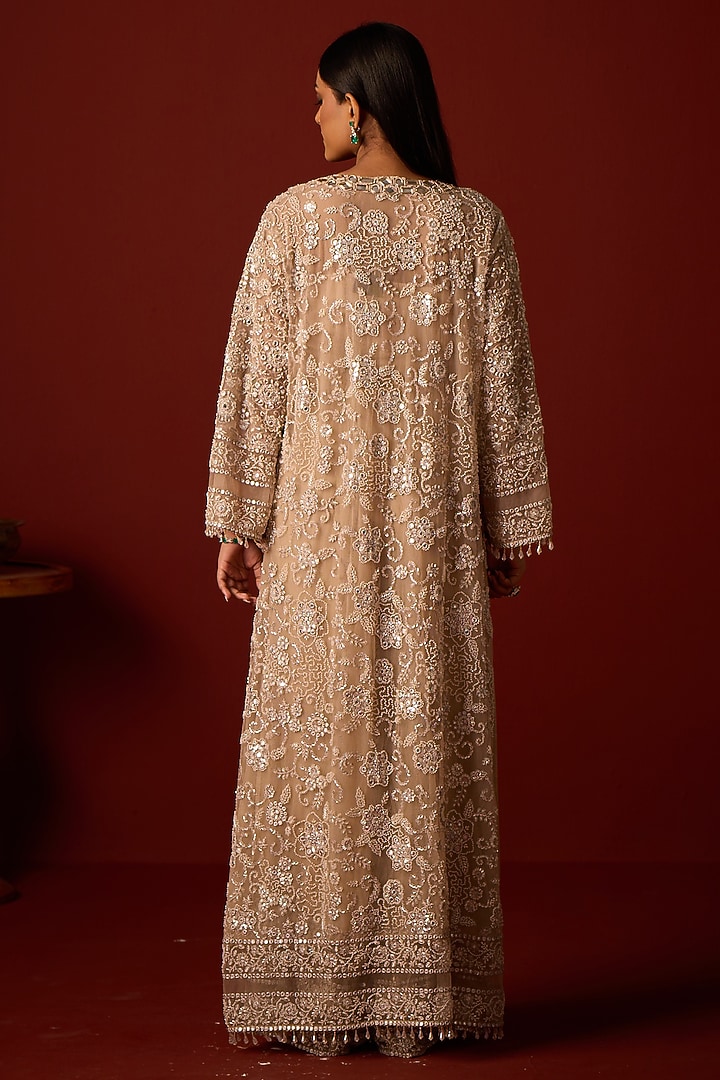 Dusky Taupe Tulle Hand Embellished Kaftan by Twenty Nine at Pernia's Pop Up Shop