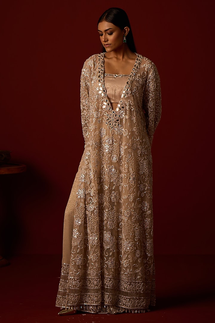 Dusky Taupe Tulle Hand Embellished Kaftan by Twenty Nine at Pernia's Pop Up Shop