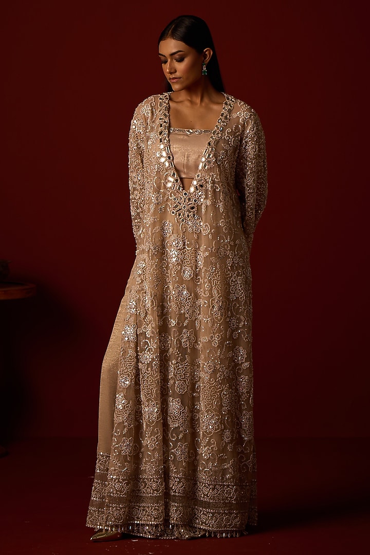 Dusky Taupe Tulle & Shimmer lycra Mirror Work Palazzo by Twenty Nine at Pernia's Pop Up Shop