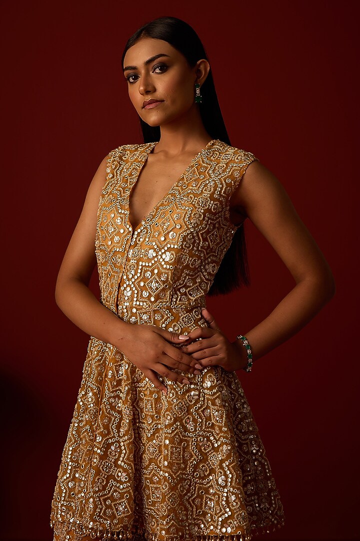 Marigold Yellow Tulle Mirror Embellished Peplum Top by Twenty Nine at Pernia's Pop Up Shop