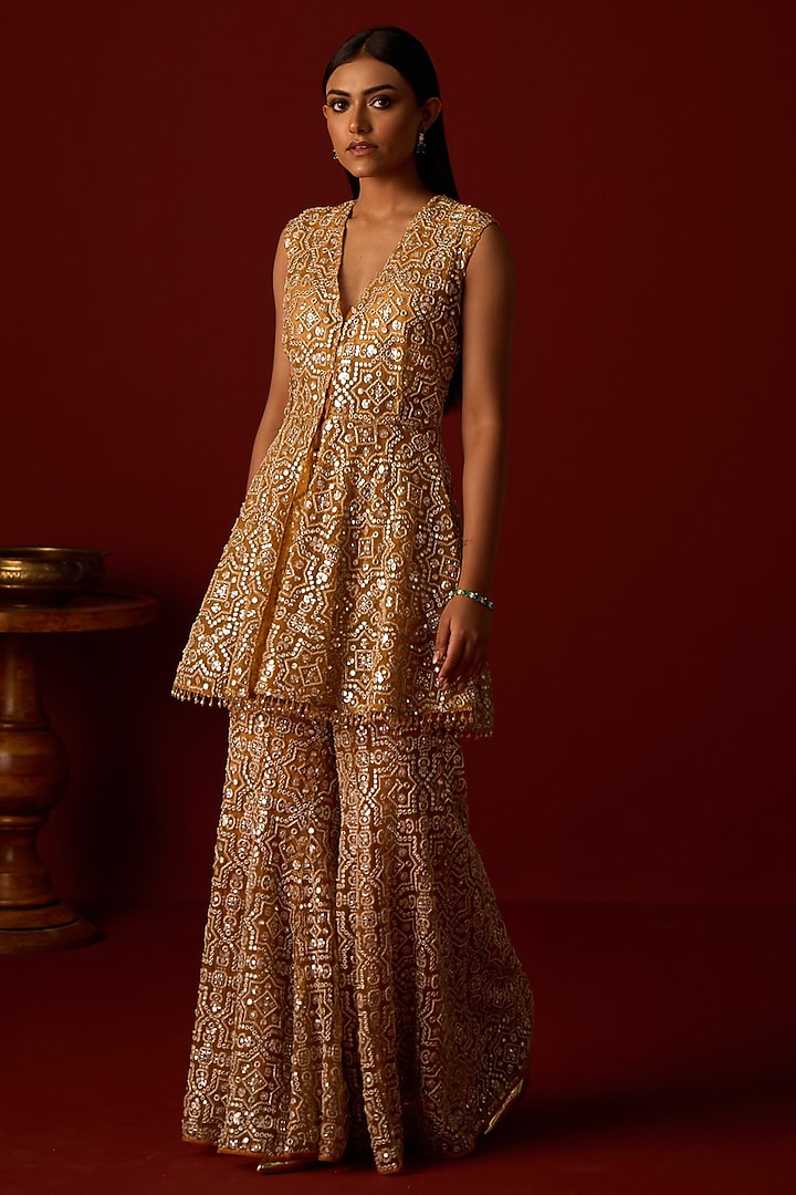 Marigold Yellow Tulle Mirror Embellished Peplum Top by Twenty Nine at Pernia's Pop Up Shop