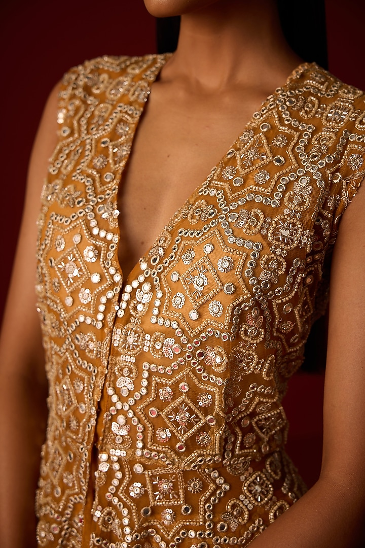Marigold Yellow Tulle Mirror Embellished Peplum Top by Twenty Nine at Pernia's Pop Up Shop