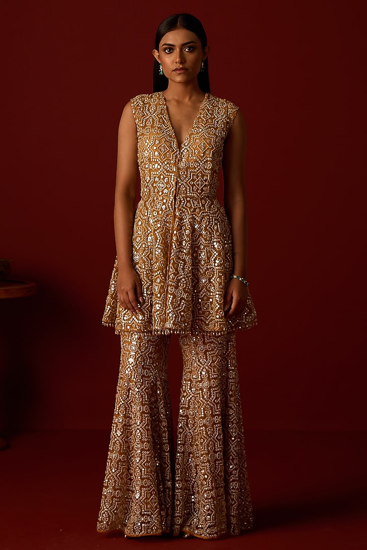 Marigold Yellow Tulle Mirror Work Bootcut Pants by Twenty Nine at Pernia's Pop Up Shop