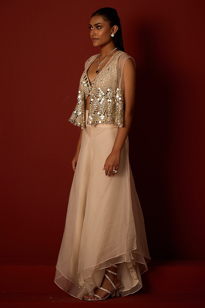 Ivory Net Zari Work Asymmetrical Gilet by Twenty Nine at Pernia's Pop Up Shop