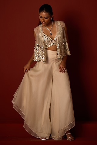 Ivory Organza Asymmetrical Flared Pants by Twenty Nine