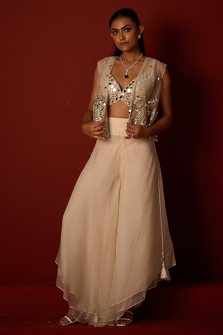 Ivory Organza Asymmetrical Flared Pants by Twenty Nine at Pernia's Pop Up Shop