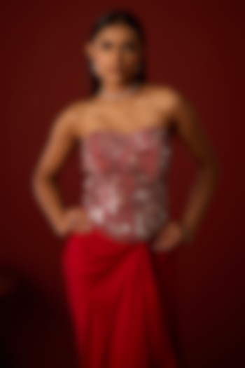 Red Twill Mirror Embellished Corset by Twenty Nine at Pernia's Pop Up Shop