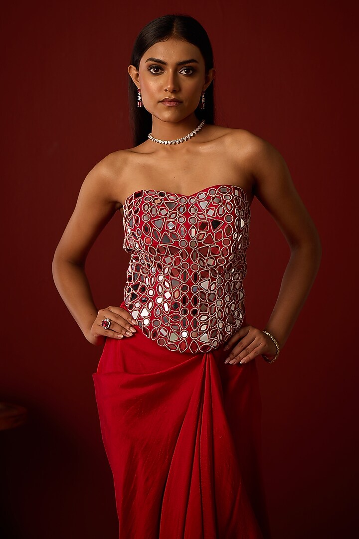 Red Twill Mirror Embellished Corset by Twenty Nine at Pernia's Pop Up Shop