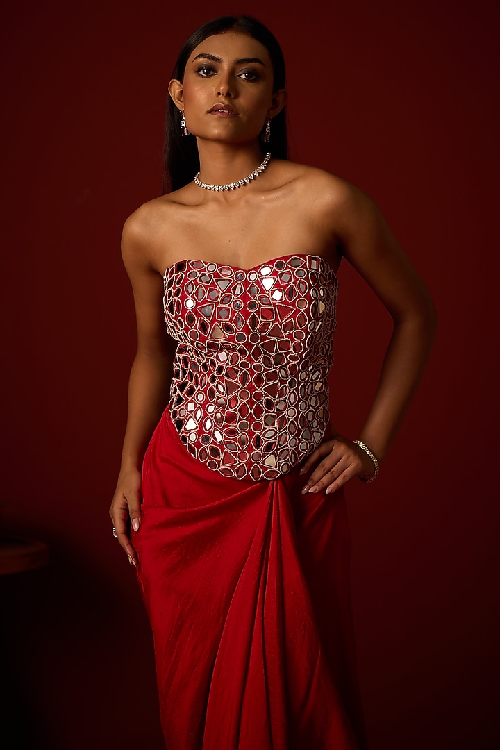 Red Twill Mirror Embellished Corset by Twenty Nine at Pernia's Pop Up Shop