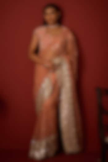 Flamingo Pink Net Mirror Embellished Wedding Saree Set by Twenty Nine at Pernia's Pop Up Shop