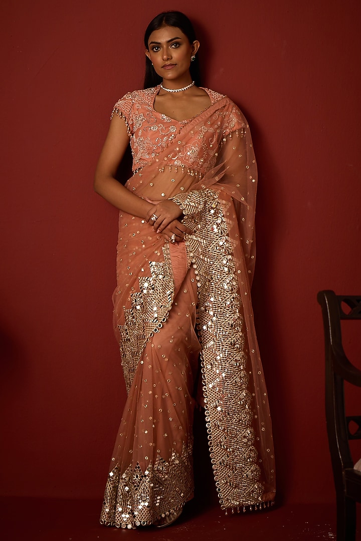 Flamingo Pink Net Mirror Embellished Wedding Saree Set by Twenty Nine at Pernia's Pop Up Shop