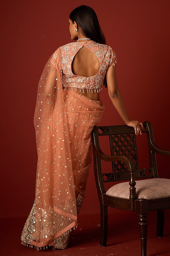 Flamingo Pink Net Mirror Embellished Wedding Saree Set by Twenty Nine at Pernia's Pop Up Shop