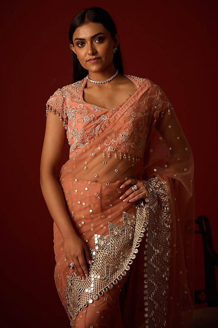 Flamingo Pink Net Mirror Embellished Wedding Saree Set by Twenty Nine at Pernia's Pop Up Shop