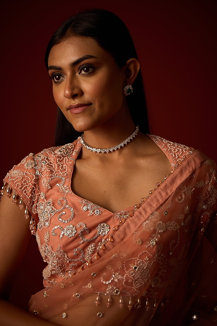 Flamingo Pink Net Mirror Embellished Wedding Saree Set by Twenty Nine at Pernia's Pop Up Shop