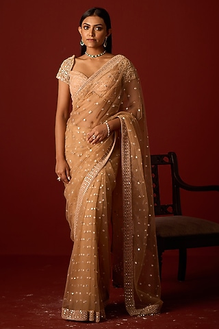 Golden Net Mirror Embellished Saree Set by Twenty Nine
