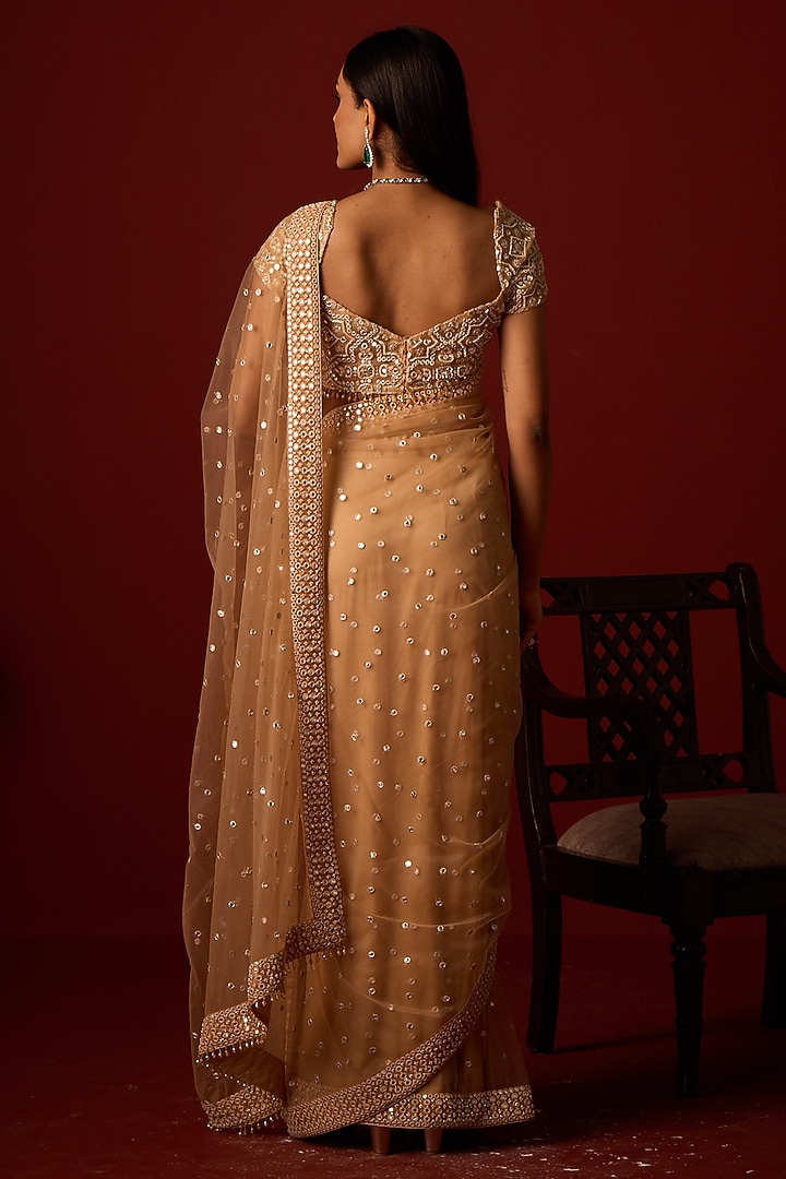 Golden Net Mirror Embellished Wedding Saree Set by Twenty Nine at Pernia's Pop Up Shop