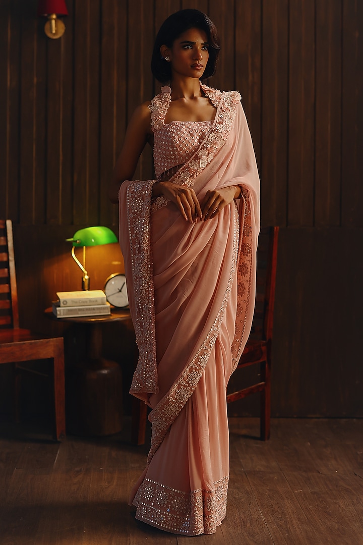 Coral Blush Georgette 3D Floral Embellished Wedding Saree Set by Twenty Nine at Pernia's Pop Up Shop
