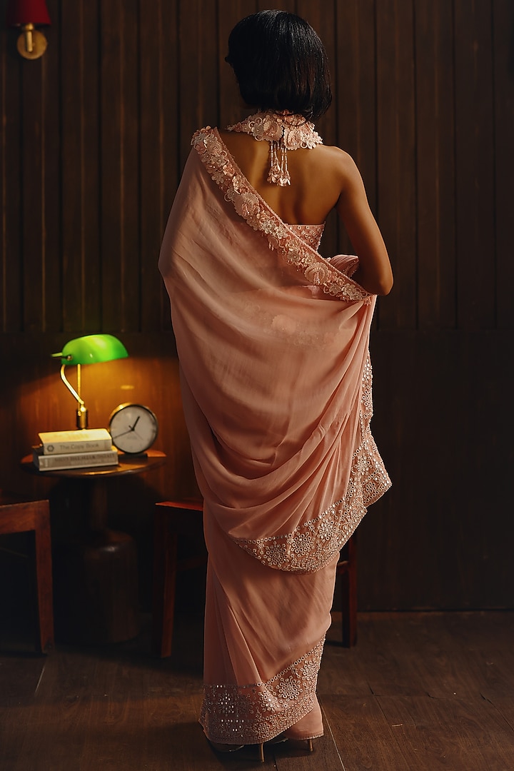 Coral Blush Georgette 3D Floral Embellished Wedding Saree Set by Twenty Nine at Pernia's Pop Up Shop