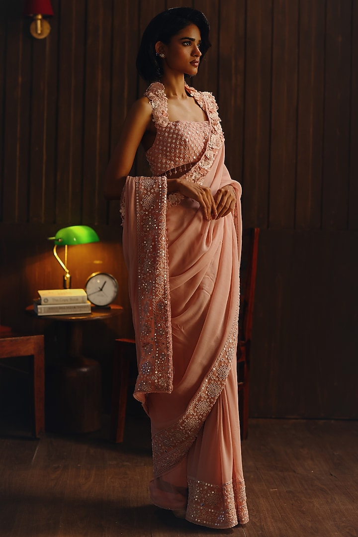 Coral Blush Georgette 3D Floral Embellished Wedding Saree Set by Twenty Nine at Pernia's Pop Up Shop