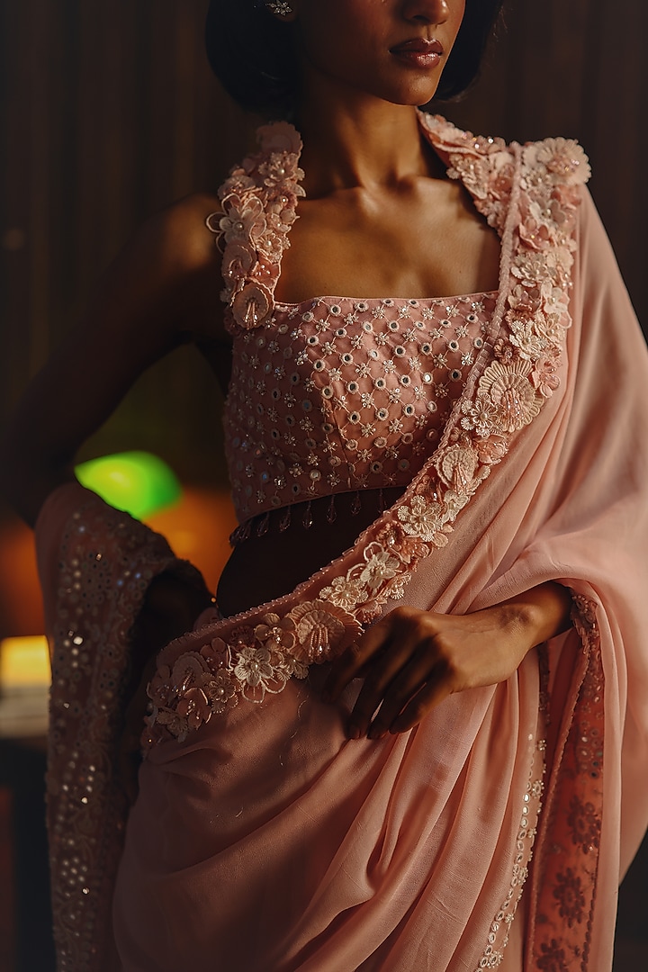 Coral Blush Georgette 3D Floral Embellished Wedding Saree Set by Twenty Nine at Pernia's Pop Up Shop