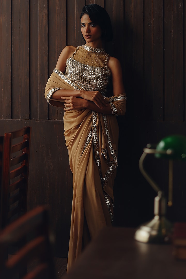 Golden Haze Georgette Mirror Work Wedding Saree Set by Twenty Nine at Pernia's Pop Up Shop