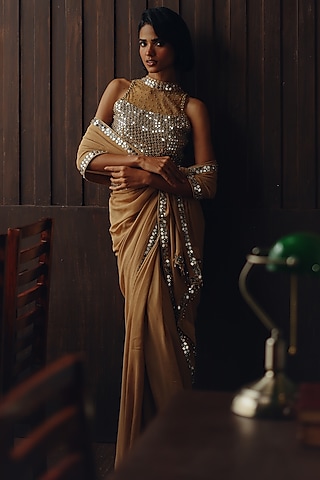 Golden Haze Georgette Mirror Work Saree Set by Twenty Nine
