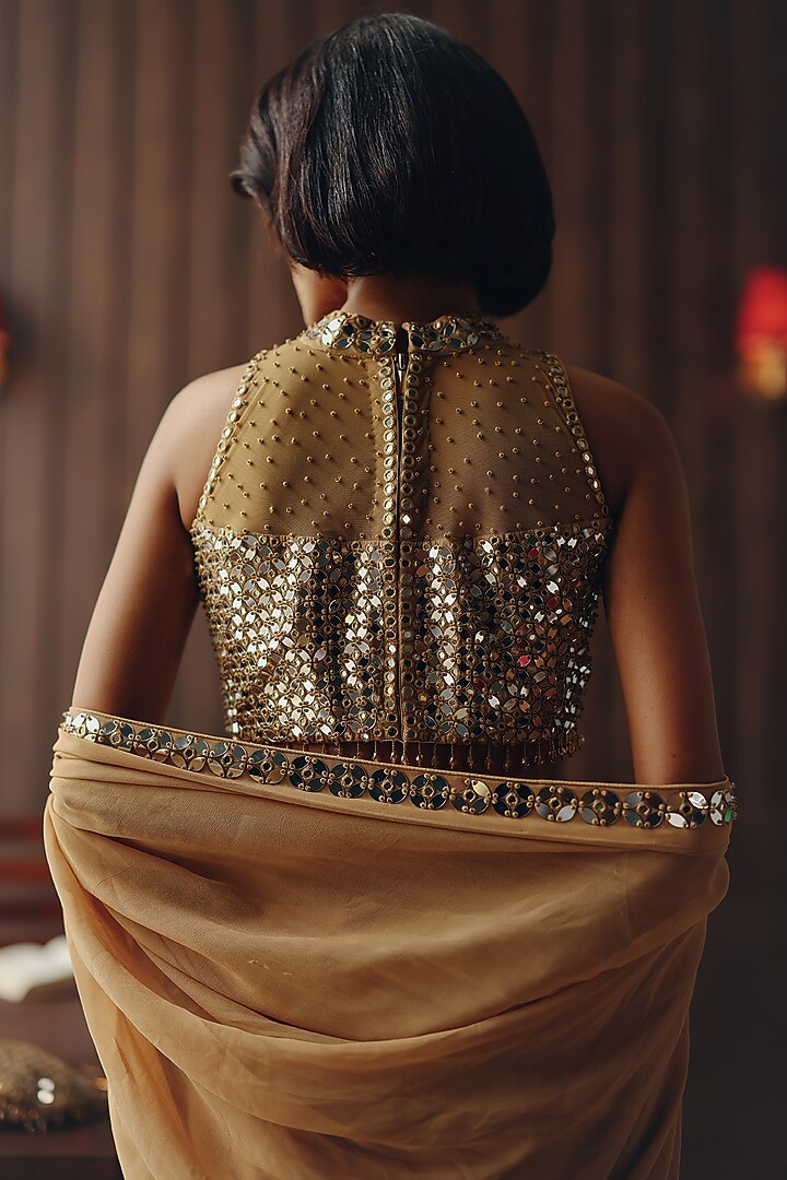 Golden Haze Georgette Mirror Work Wedding Saree Set by Twenty Nine at Pernia's Pop Up Shop