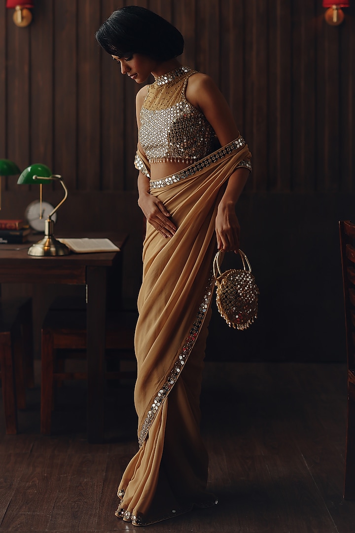 Golden Haze Georgette Mirror Work Wedding Saree Set by Twenty Nine at Pernia's Pop Up Shop