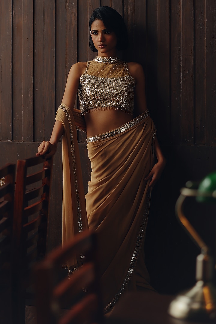 Golden Haze Georgette Mirror Work Wedding Saree Set by Twenty Nine at Pernia's Pop Up Shop