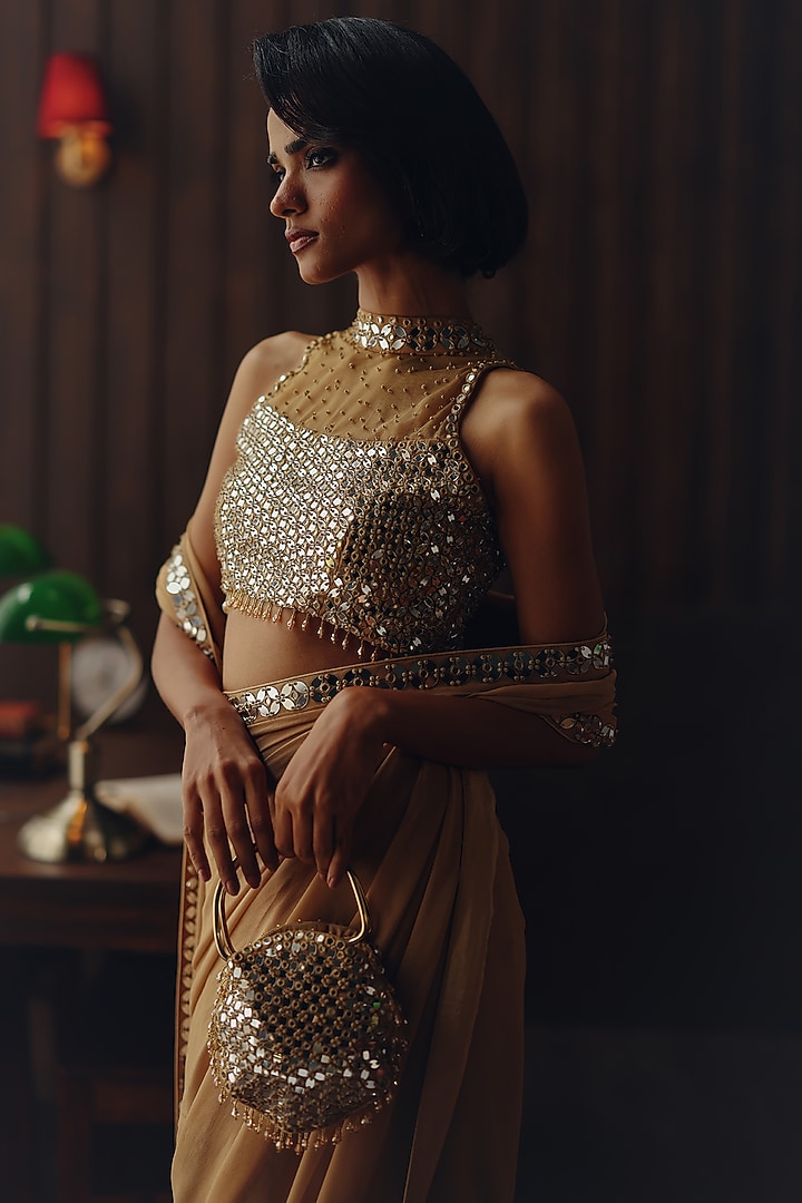 Golden Haze Georgette Mirror Work Wedding Saree Set by Twenty Nine at Pernia's Pop Up Shop