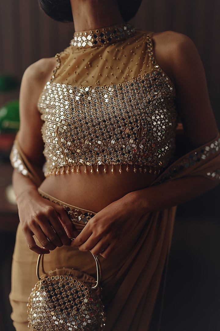 Golden Haze Georgette Mirror Work Wedding Saree Set by Twenty Nine at Pernia's Pop Up Shop