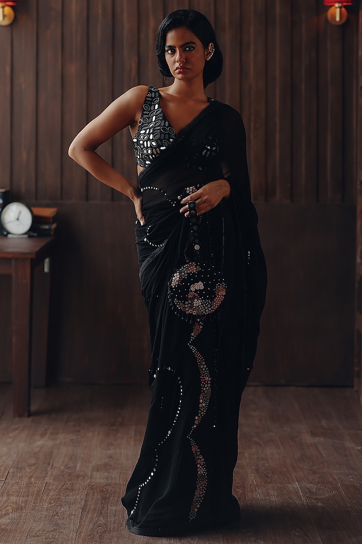 Midnight Black Georgette Mirror Work Wedding Saree Set by Twenty Nine at Pernia's Pop Up Shop